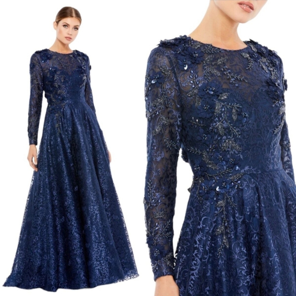 Mac Duggal Embellished Illusion Long Sleeve Midnight Navy Ball gown dress 8 NWT